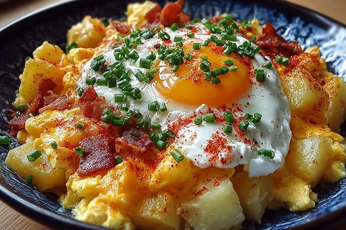Cheesy potato egg scramble served in a bowl garnished with herbs.