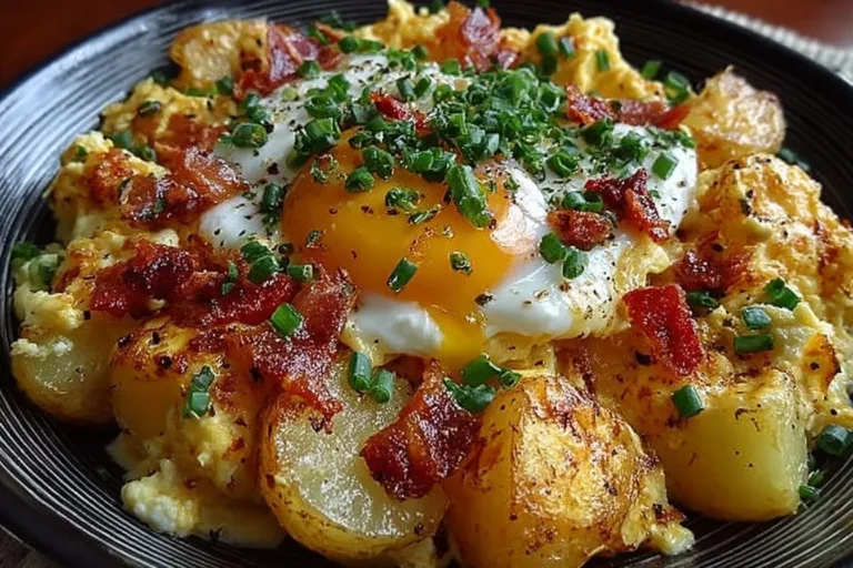 Cheesy potato egg scramble served in a bowl, garnished with herbs.