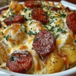 Delicious Cheesy Ranch Potatoes with Smoked Sausage on a plate