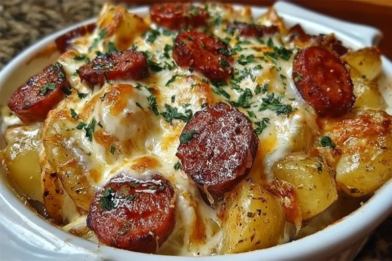 Delicious Cheesy Ranch Potatoes with Smoked Sausage on a plate
