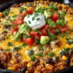 Cheesy Taco Rice Skillet served with toppings in a vibrant dish
