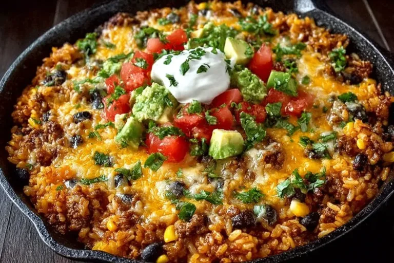 Cheesy Taco Rice Skillet served with toppings in a vibrant dish