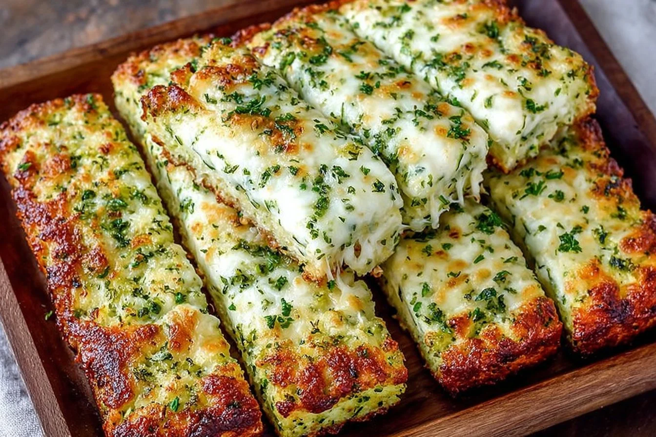 Cheesy zucchini breadsticks fresh out of the oven, served on a plate.