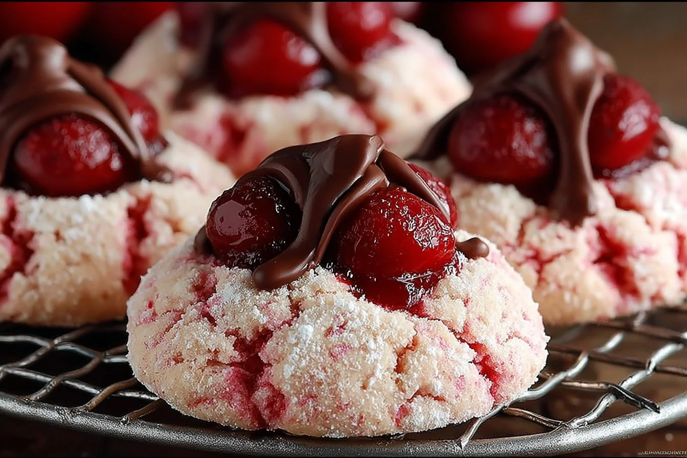 Freshly baked Cherry Kiss Cookies topped with cherries and chocolate kisses