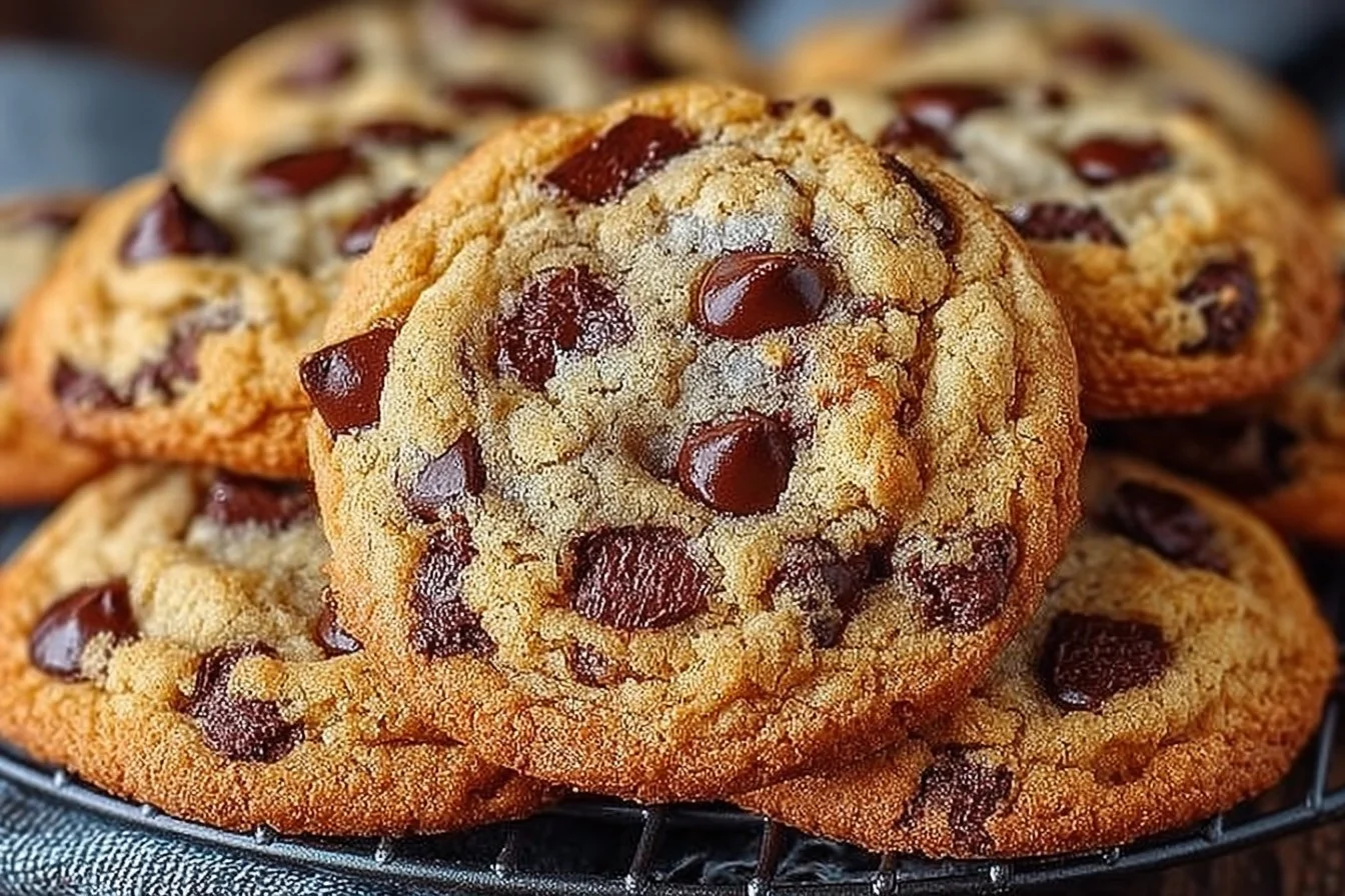 Freshly baked chewy chocolate chip cookies stacked on a plate