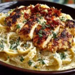Delicious Chicken Alfredo pasta served in a creamy sauce garnished with parsley.