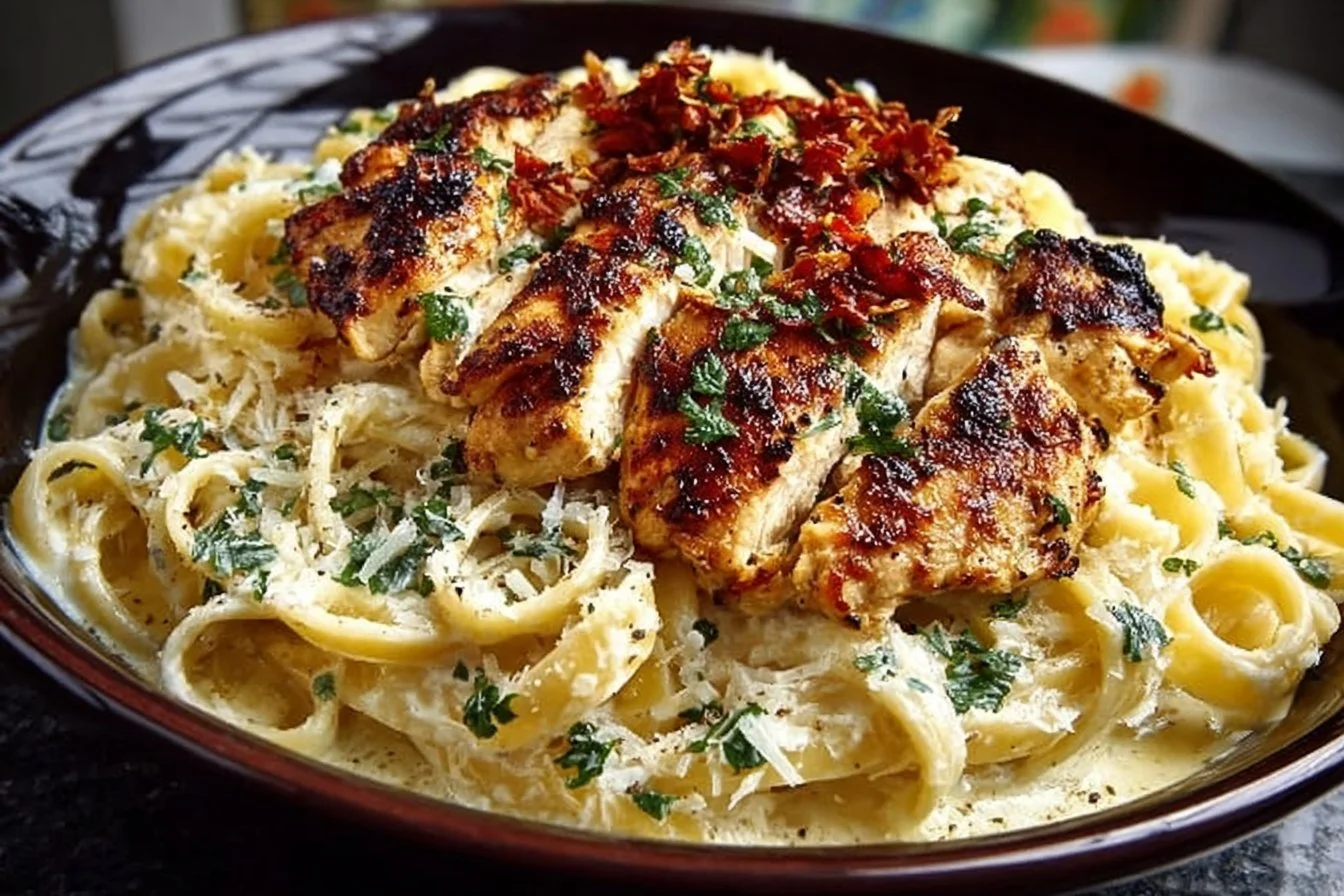 Delicious Chicken Alfredo pasta served in a creamy sauce garnished with parsley.