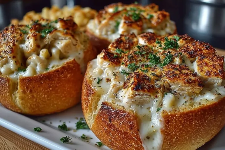 Delicious Chicken Alfredo Garlic Bread Bowls ready to serve