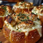 Chicken Alfredo served in garlic bread bowls, a delightful comfort food dish.