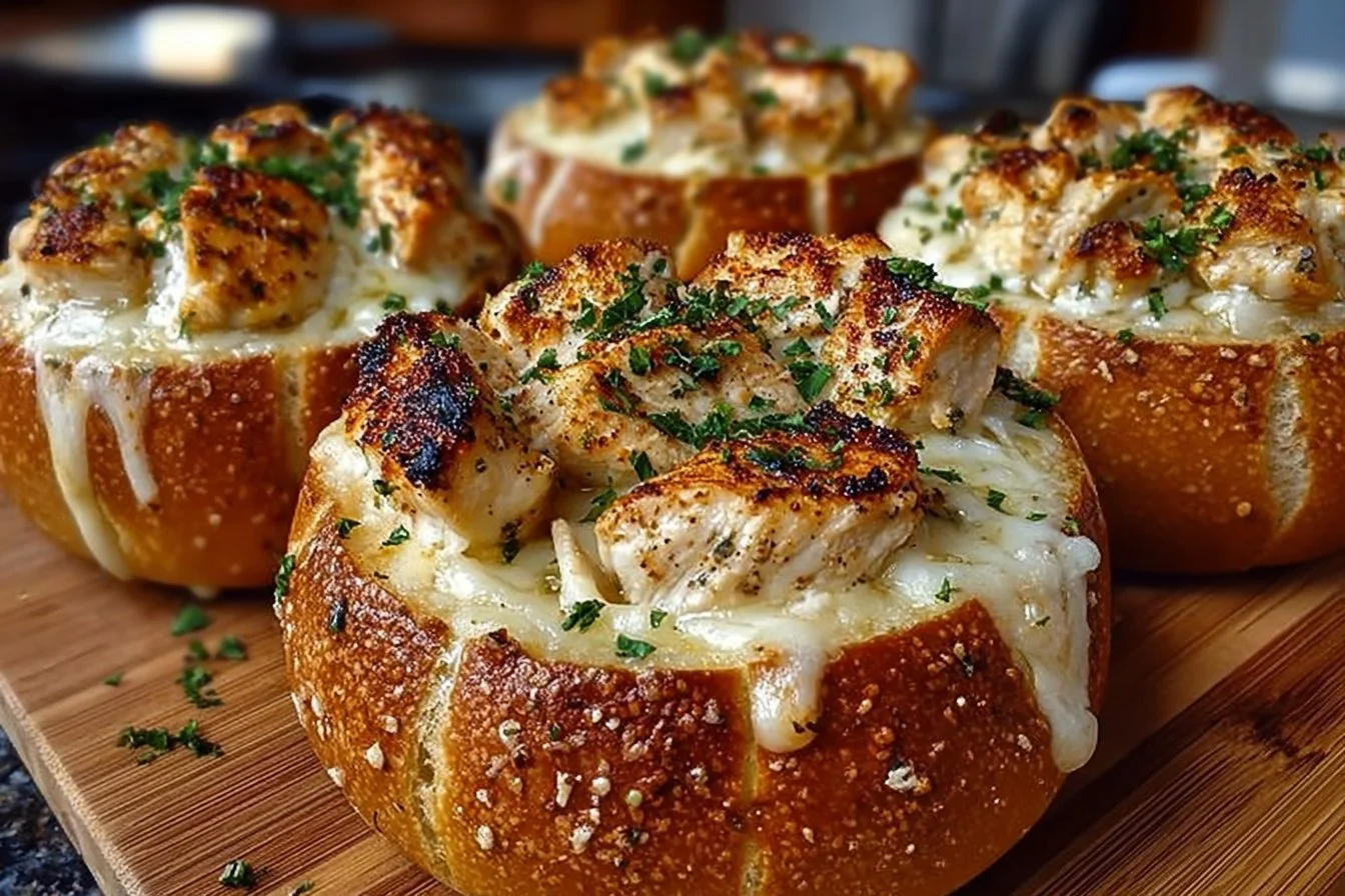 Chicken Alfredo served in garlic bread bowls, a delightful comfort food dish.