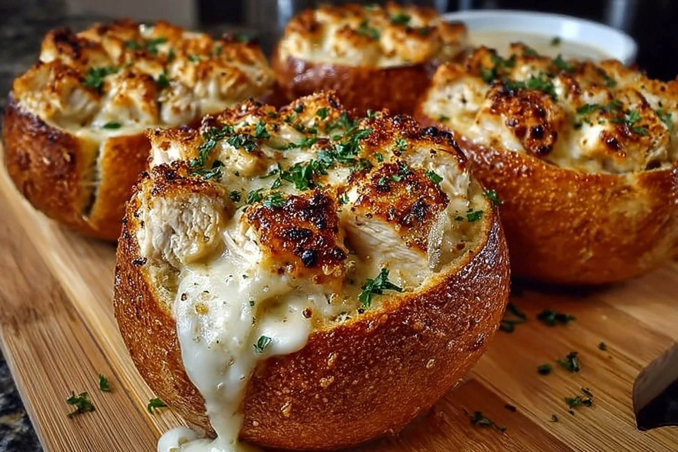 Delicious Chicken Alfredo Garlic Bread Bowls served with creamy sauce and toppings