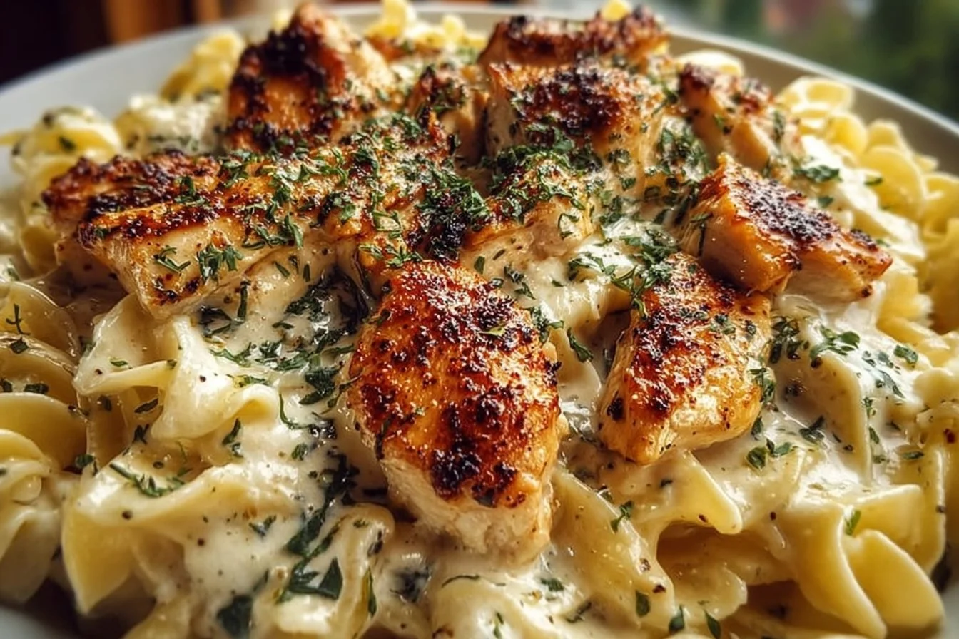 A bowl of creamy Chicken Alfredo Pasta garnished with parsley and parmesan cheese