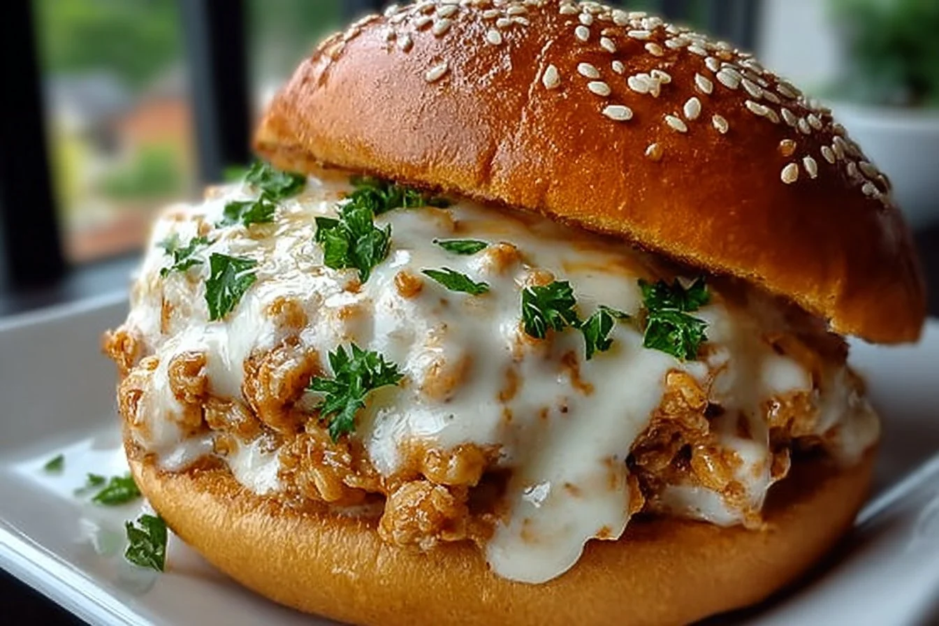 Delicious Chicken Alfredo Sloppy Joes served on a plate
