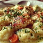 Bowl of Chicken and Dumplings with Vegetables, a hearty comfort food dish.