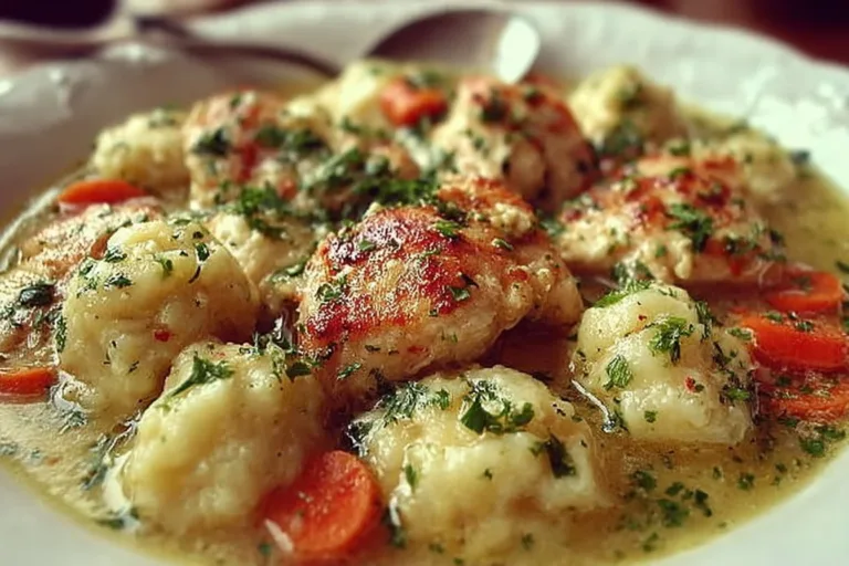 Bowl of Chicken and Dumplings with Vegetables, a hearty comfort food dish.