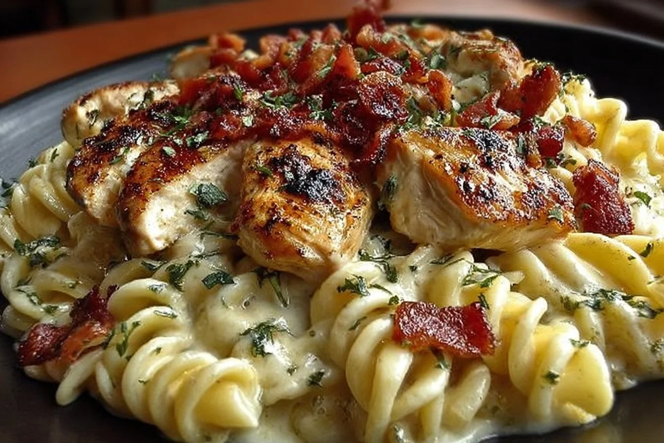 Creamy Chicken Bacon Ranch Pasta in a bowl garnished with parsley