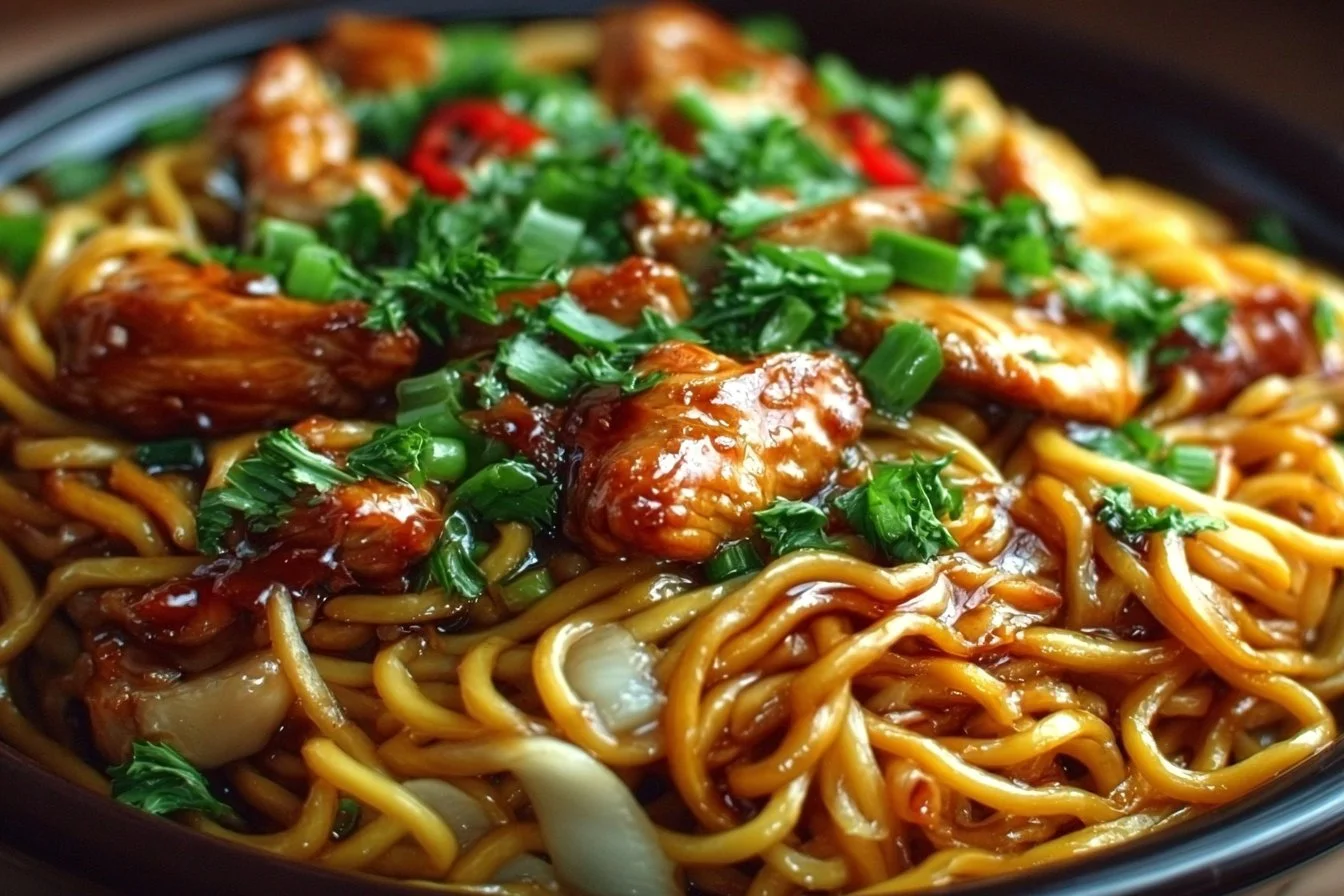 Delicious Chicken Chow Mein with stir-fried noodles, chicken, and fresh vegetables
