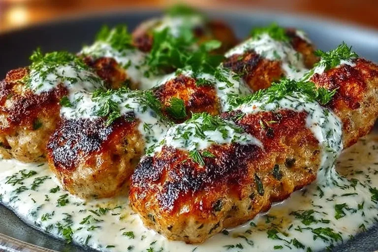 Chicken Kofta served with creamy garlic yogurt sauce on a plate.