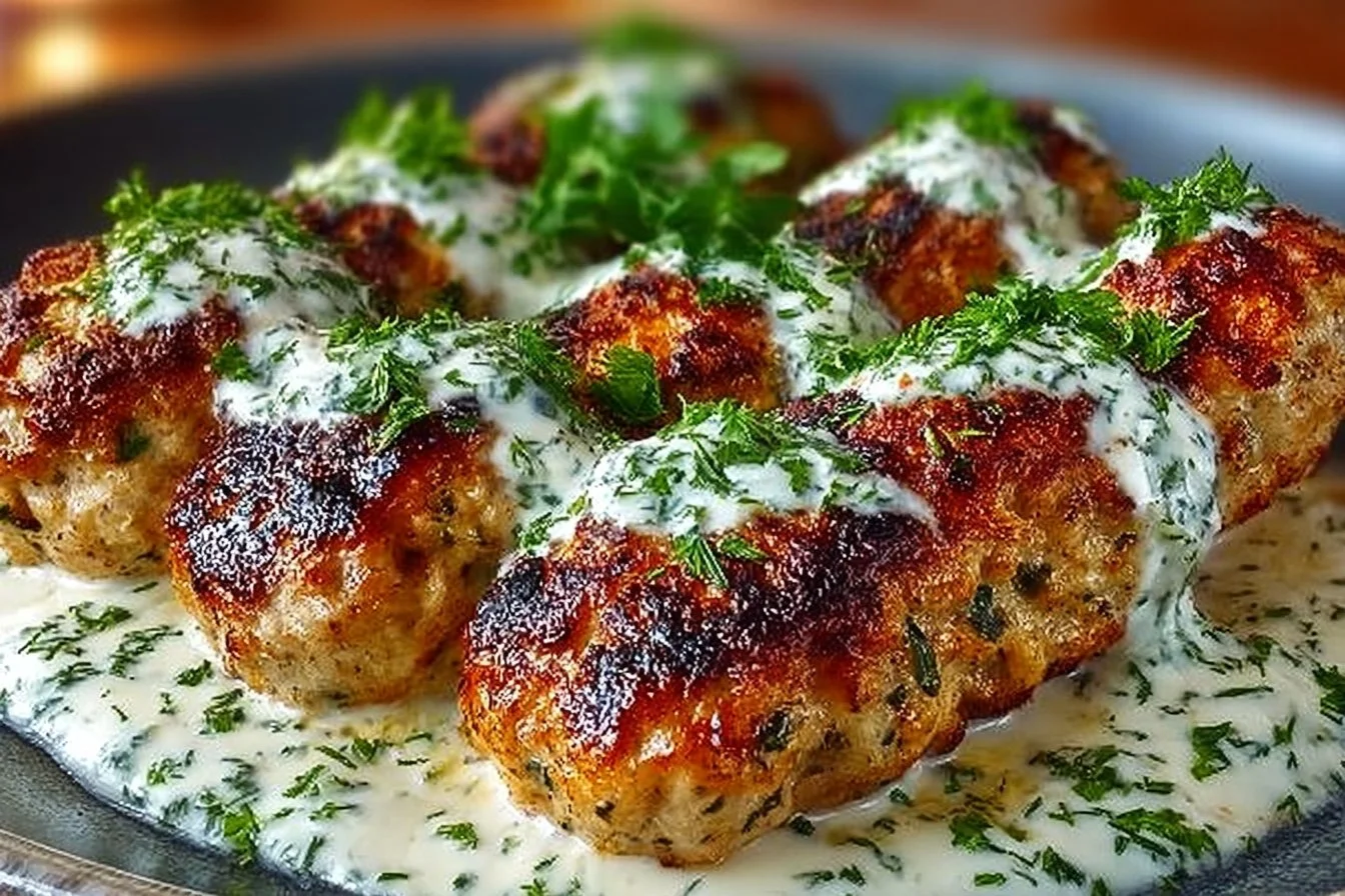 Chicken Kofta served with creamy garlic yogurt sauce on a plate.