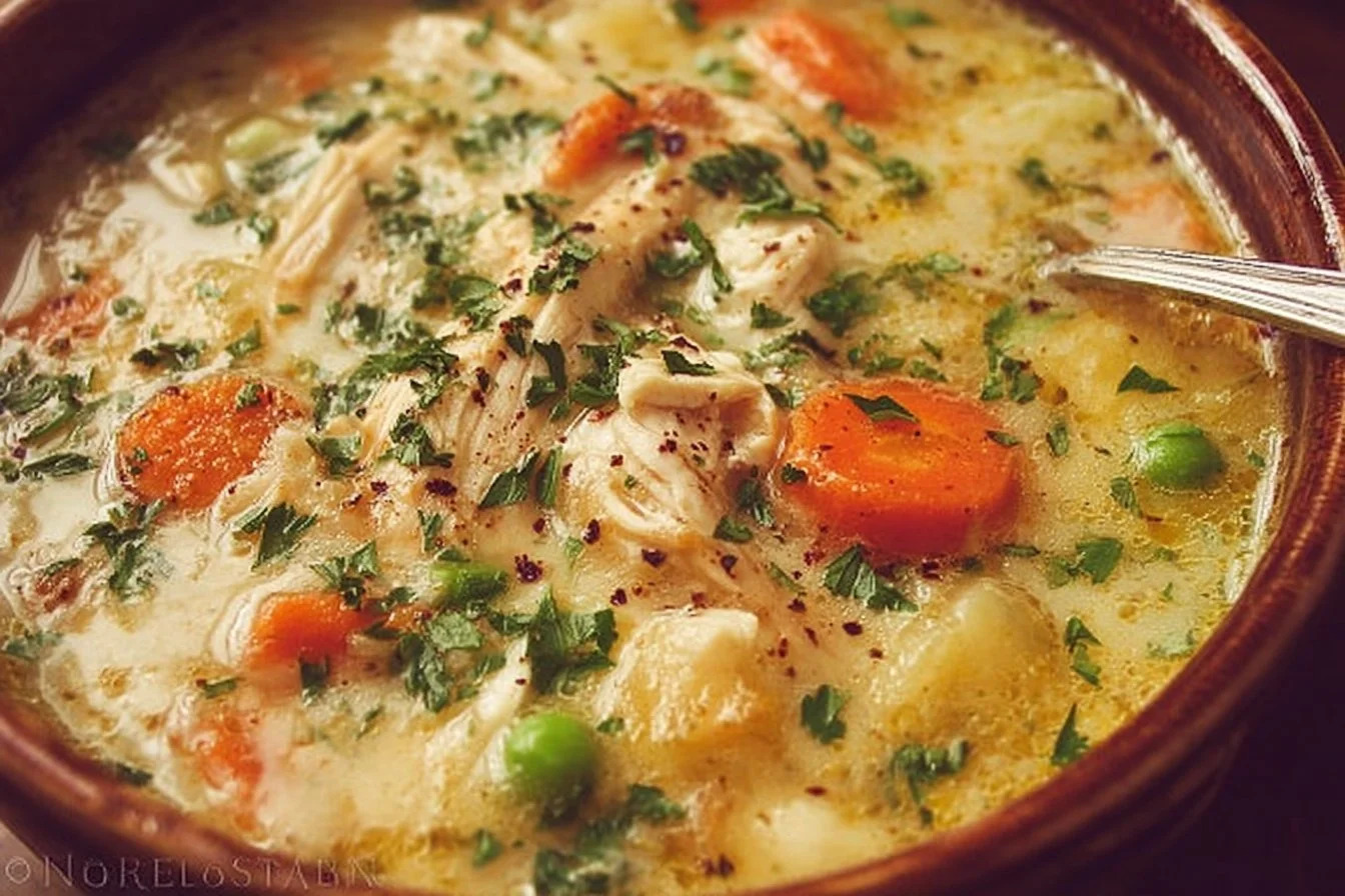 Delicious Chicken Pot Pie Soup served in a bowl with herbs on top