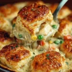 Delicious Chicken Pot Pie with flaky biscuits on top, served in a rustic dish.