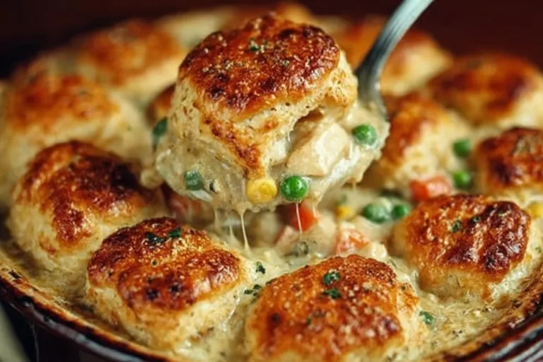 Delicious Chicken Pot Pie with flaky biscuits on top, served in a rustic dish.