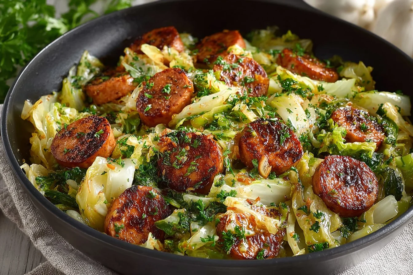 Delicious Chicken Sausage and Cabbage Skillet served in a frying pan