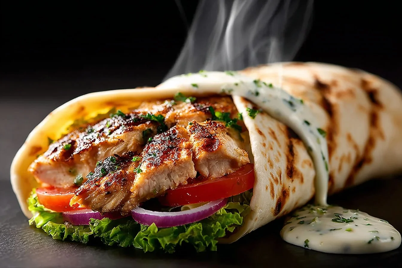 Delicious Chicken Shawarma wrapped in pita with fresh vegetables and sauce.