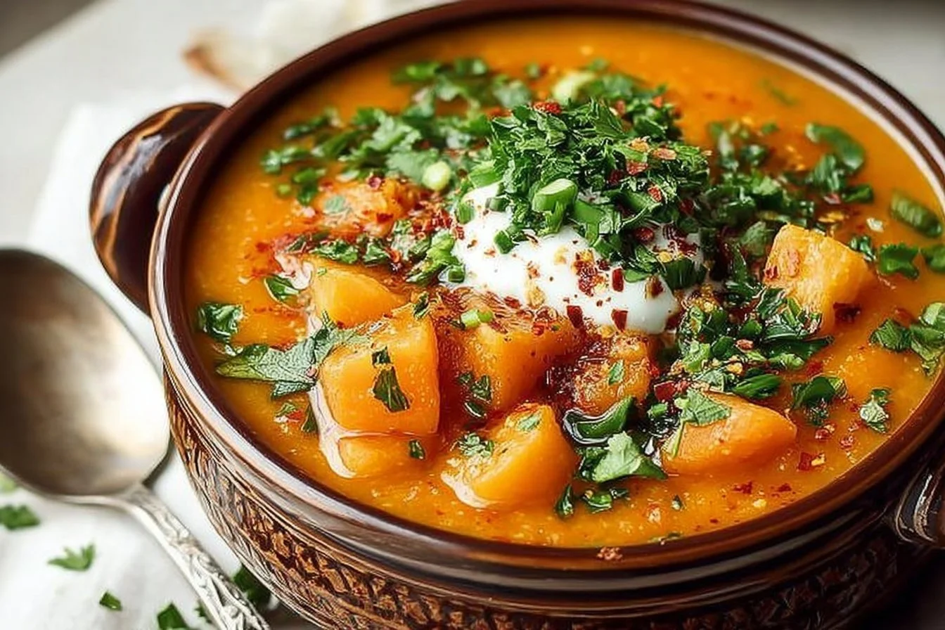 Bowl of Chili Butternut Squash Soup garnished with fresh herbs