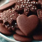 Freshly baked chocolate cut out cookies decorated with icing.