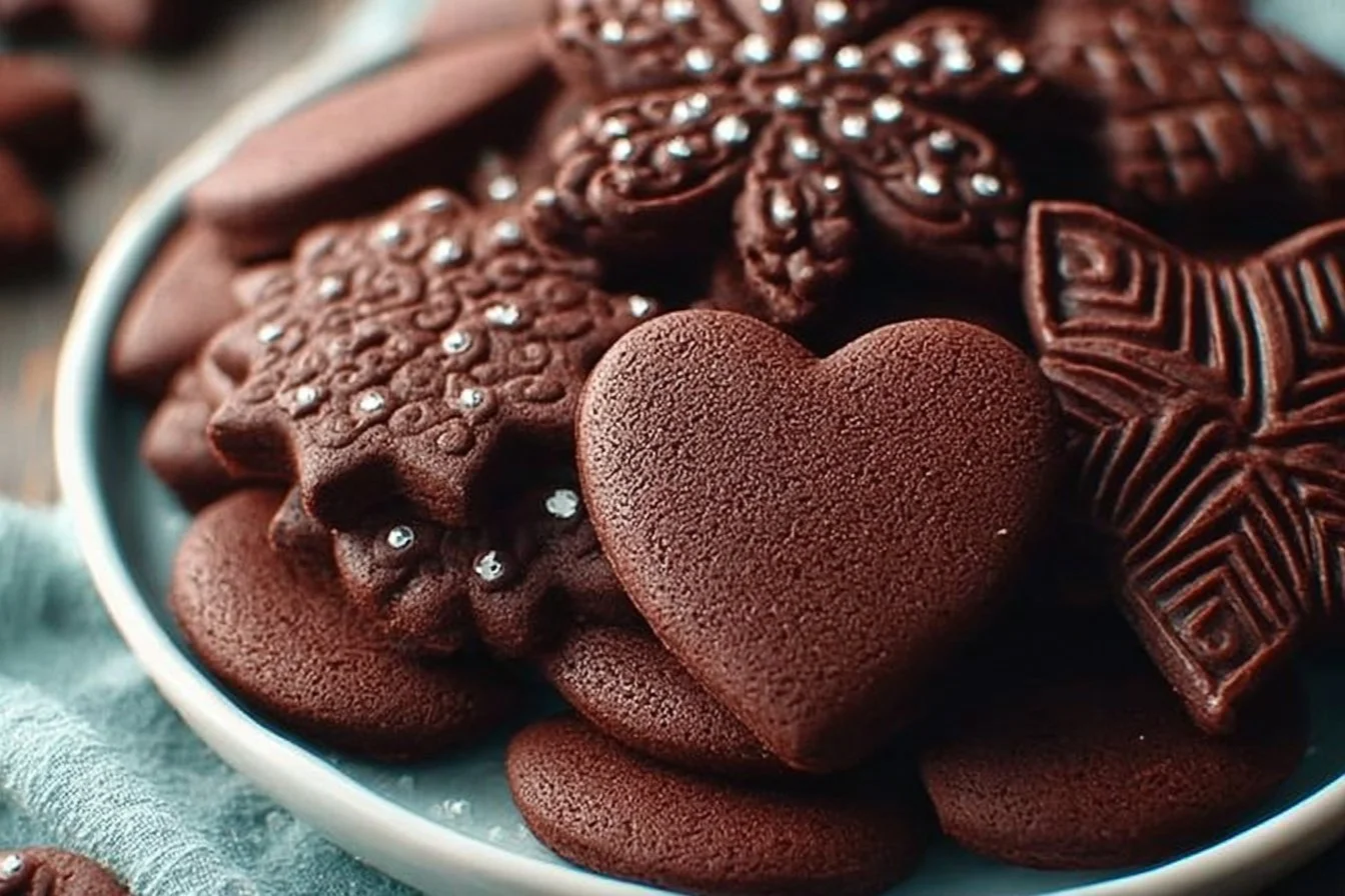 Freshly baked chocolate cut out cookies decorated with icing.