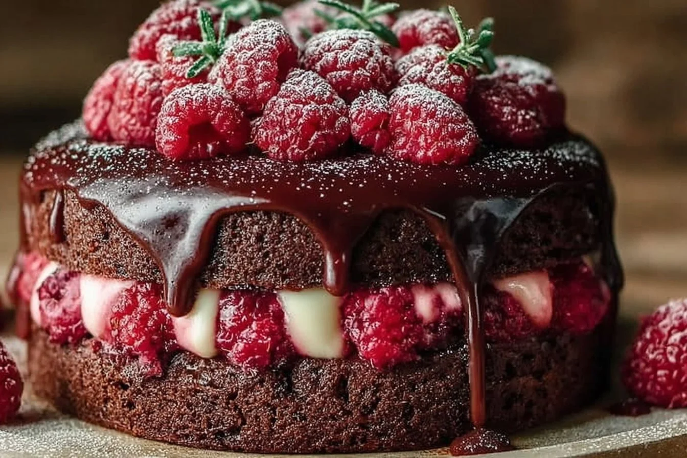 Decadent Chocolate Raspberry Cake with rich chocolate layers and fresh raspberries