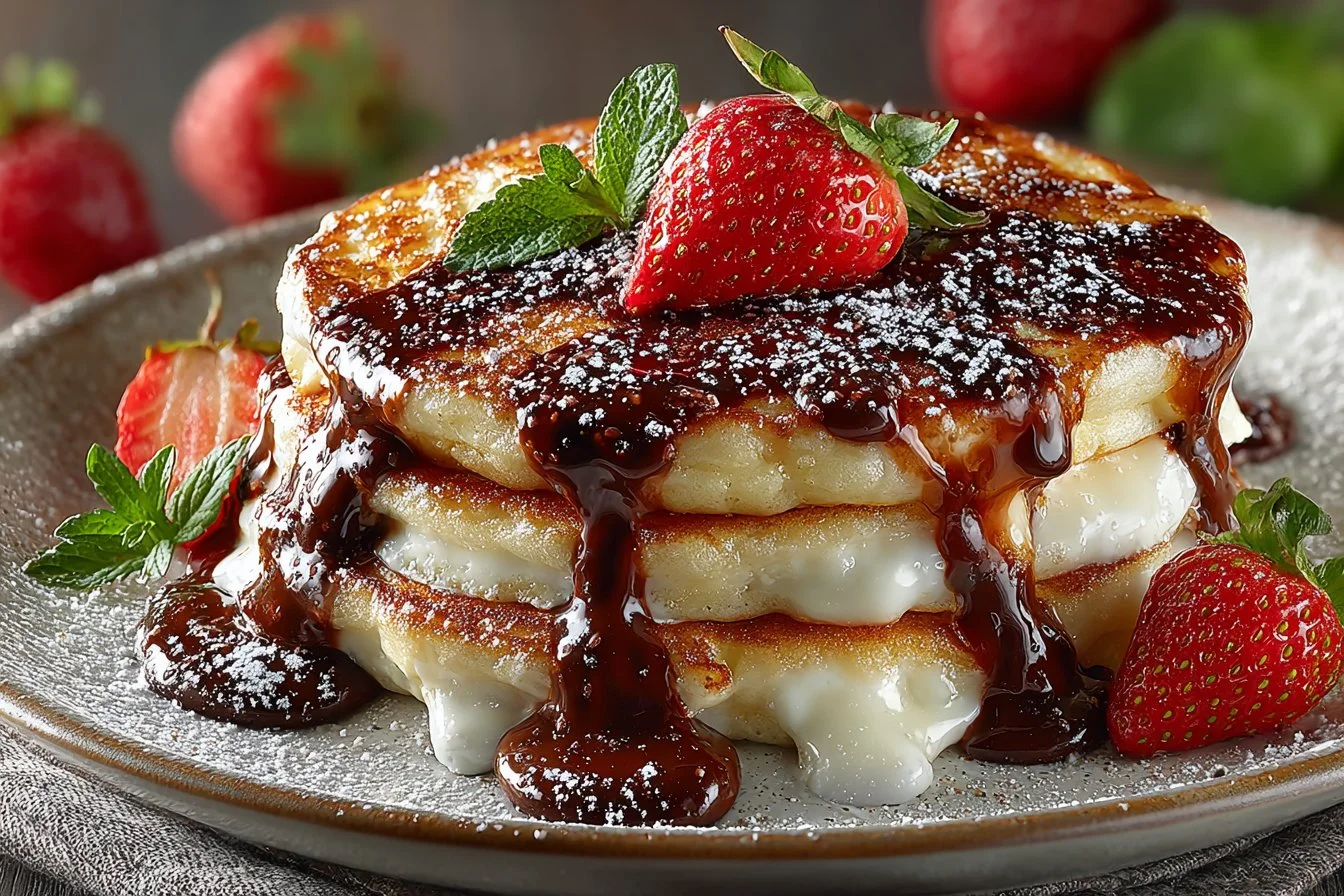 Delicious chocolate stuffed churro pancakes topped with cinnamon sugar