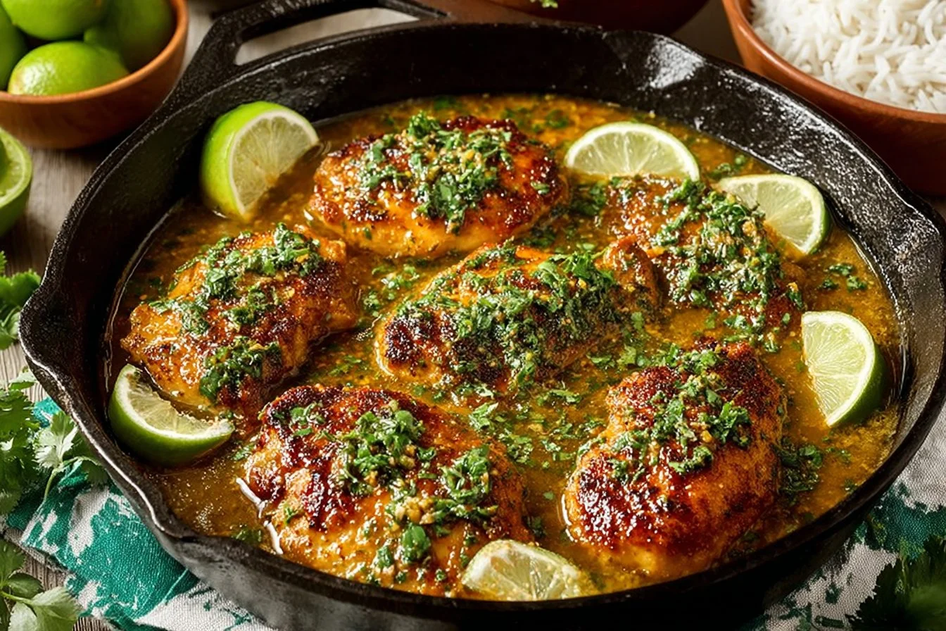 Delicious Coconut Chicken served with fresh herbs and lime.