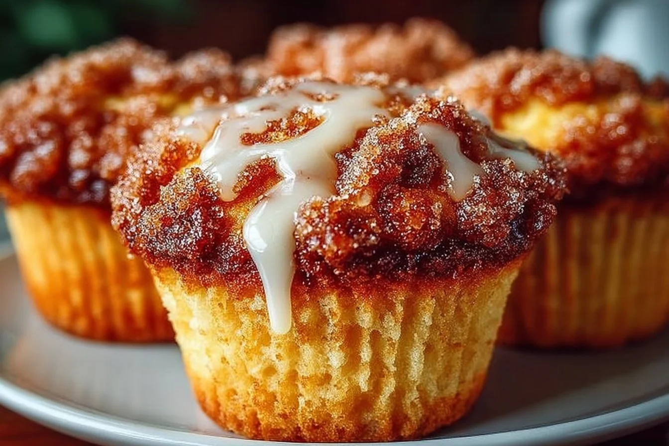 Freshly baked coffee cake muffins with a crumbly topping on a plate