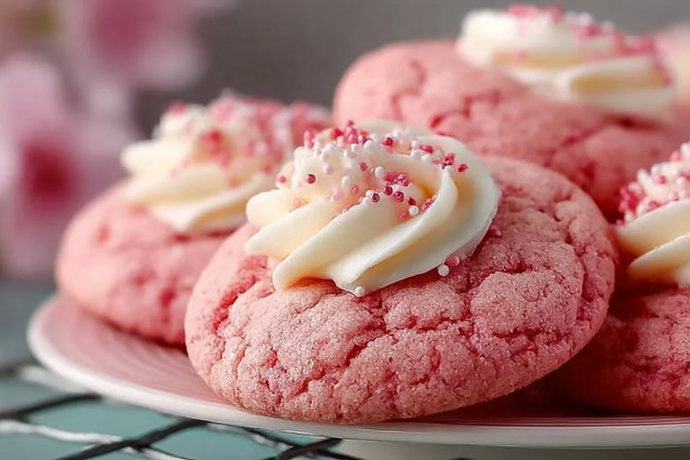 Freshly baked pink velvet cookies inspired by Crumbl's recipe