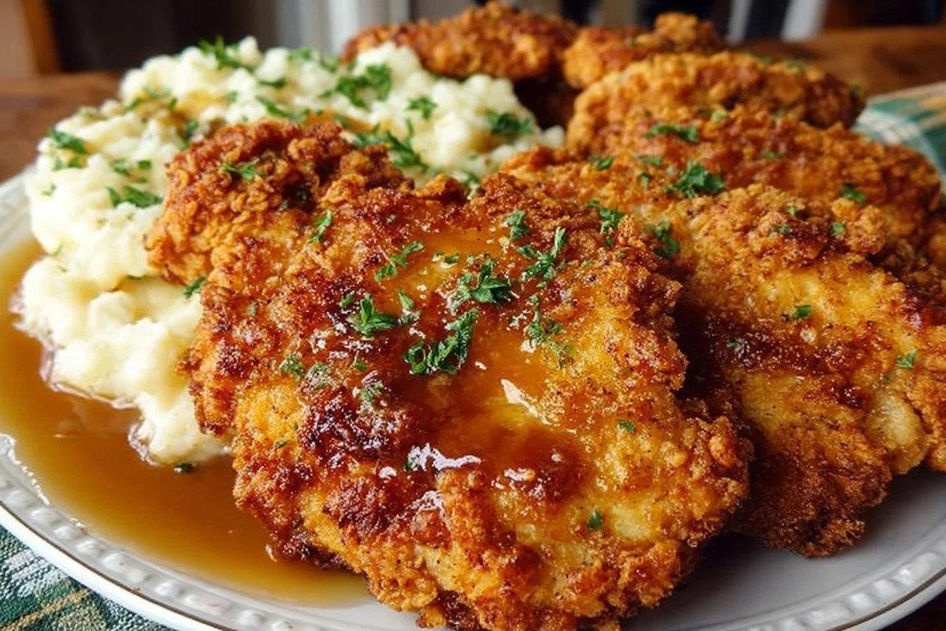 Deliciously crispy country fried chicken breast on a plate