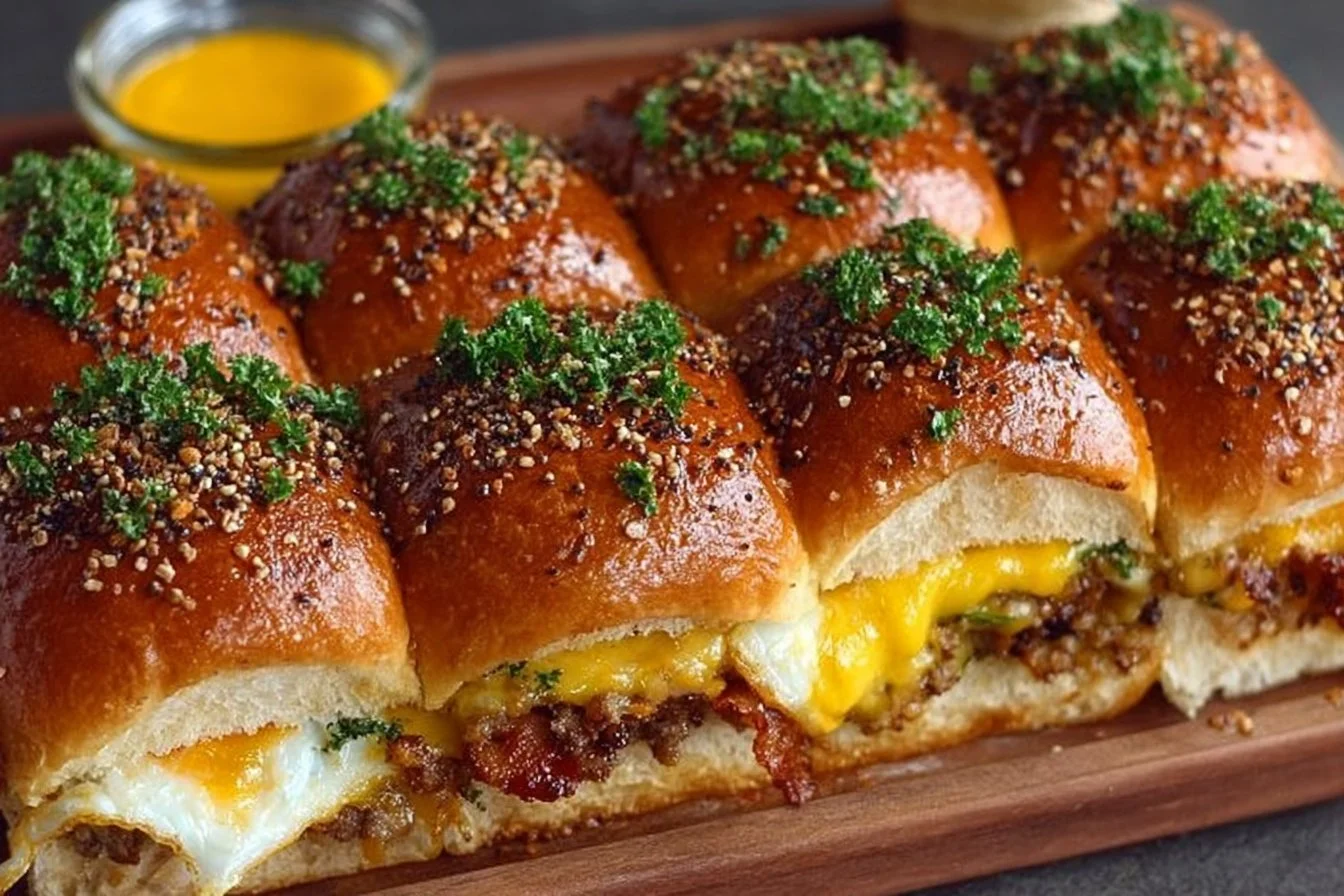 Savory Cowboy Breakfast Sliders with eggs, bacon, and cheese on slider buns.