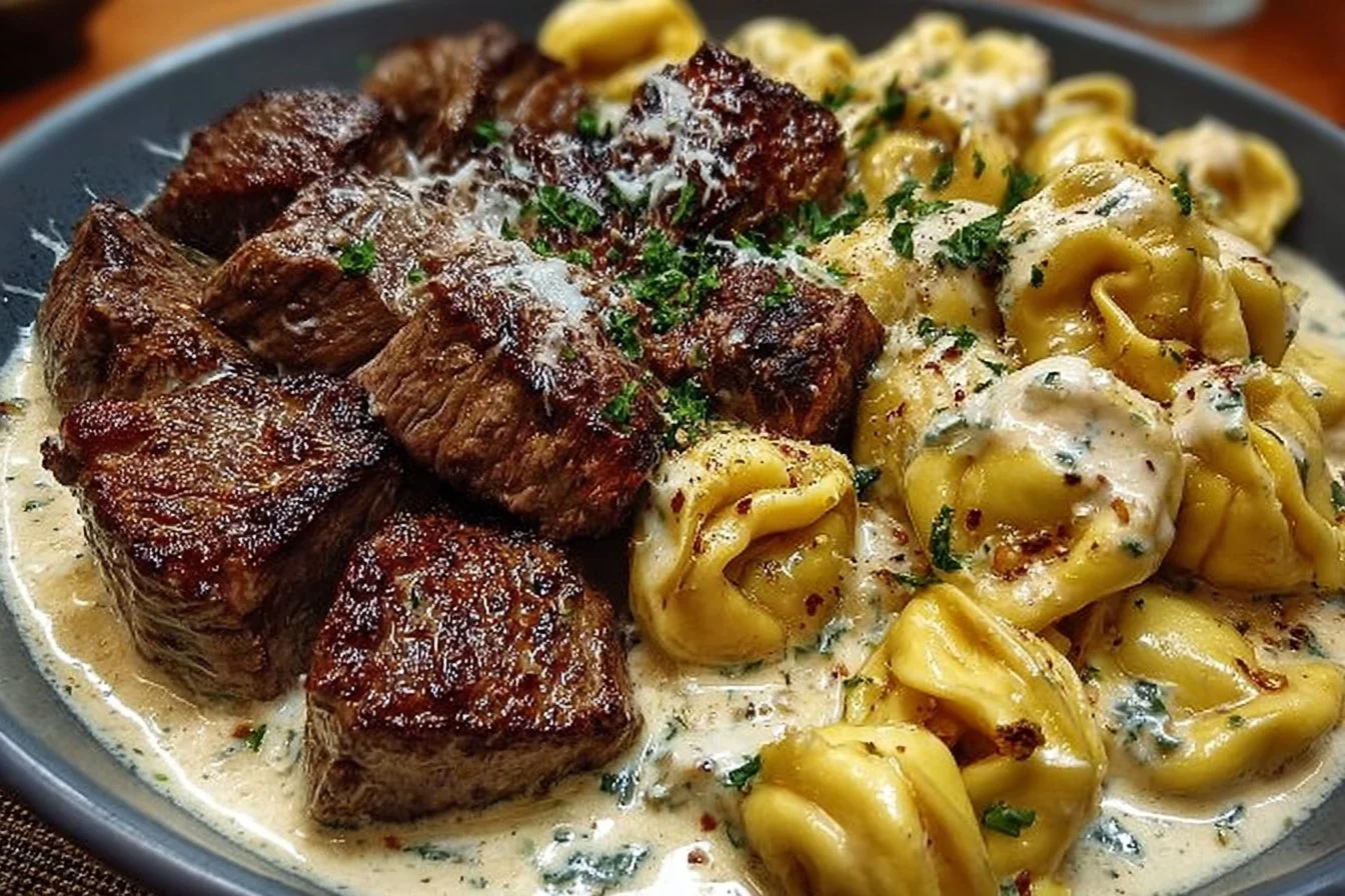 Cracked garlic steak tortellini served in creamy sauce with herbs.