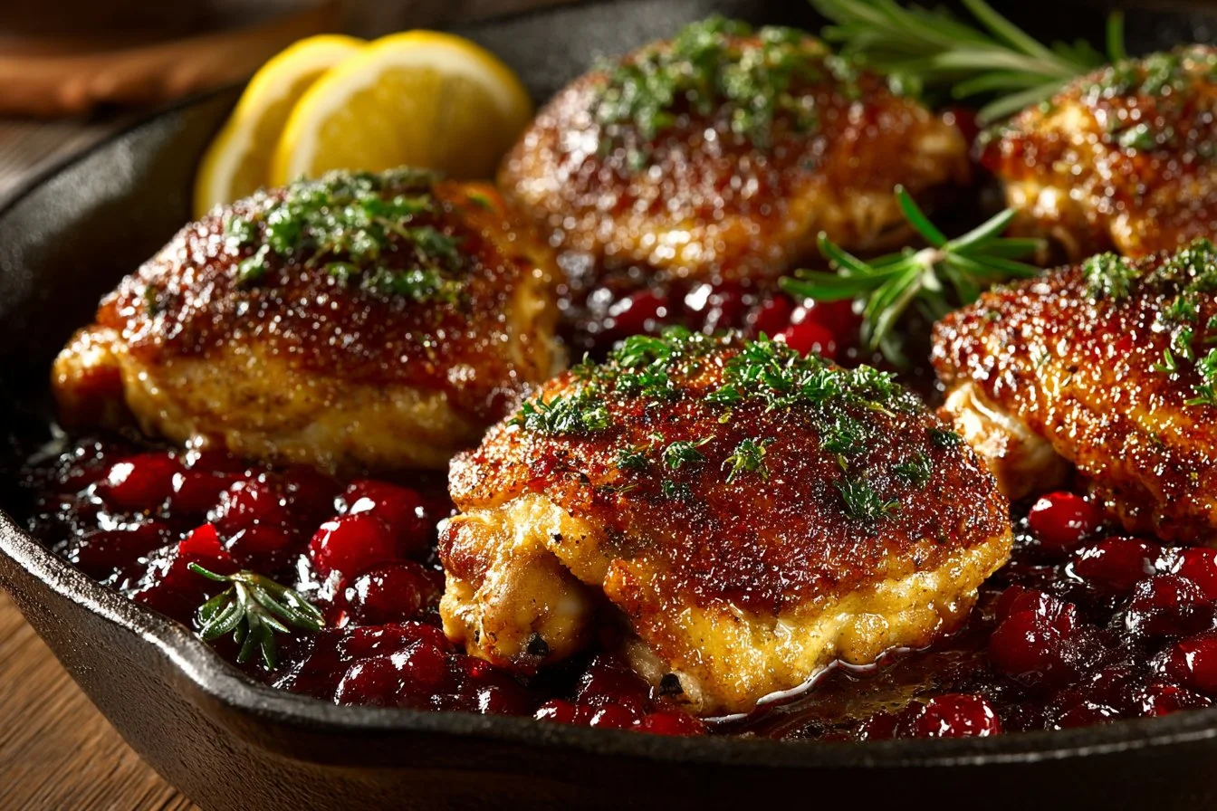 Plate of savory Cranberry Orange Chicken with garnishing herbs