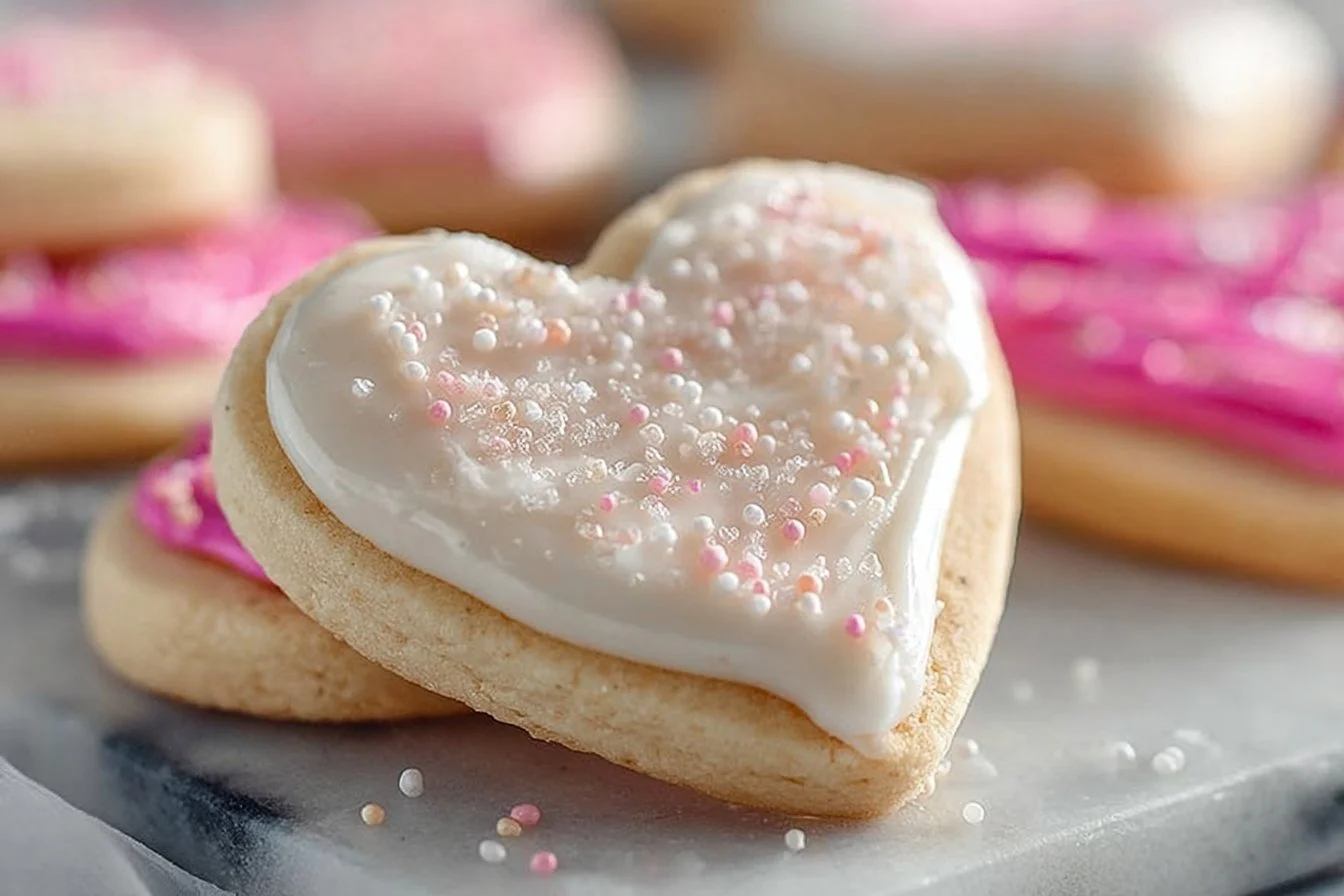 Plate of soft cream cheese sugar cookies decorated with icing and sprinkles
