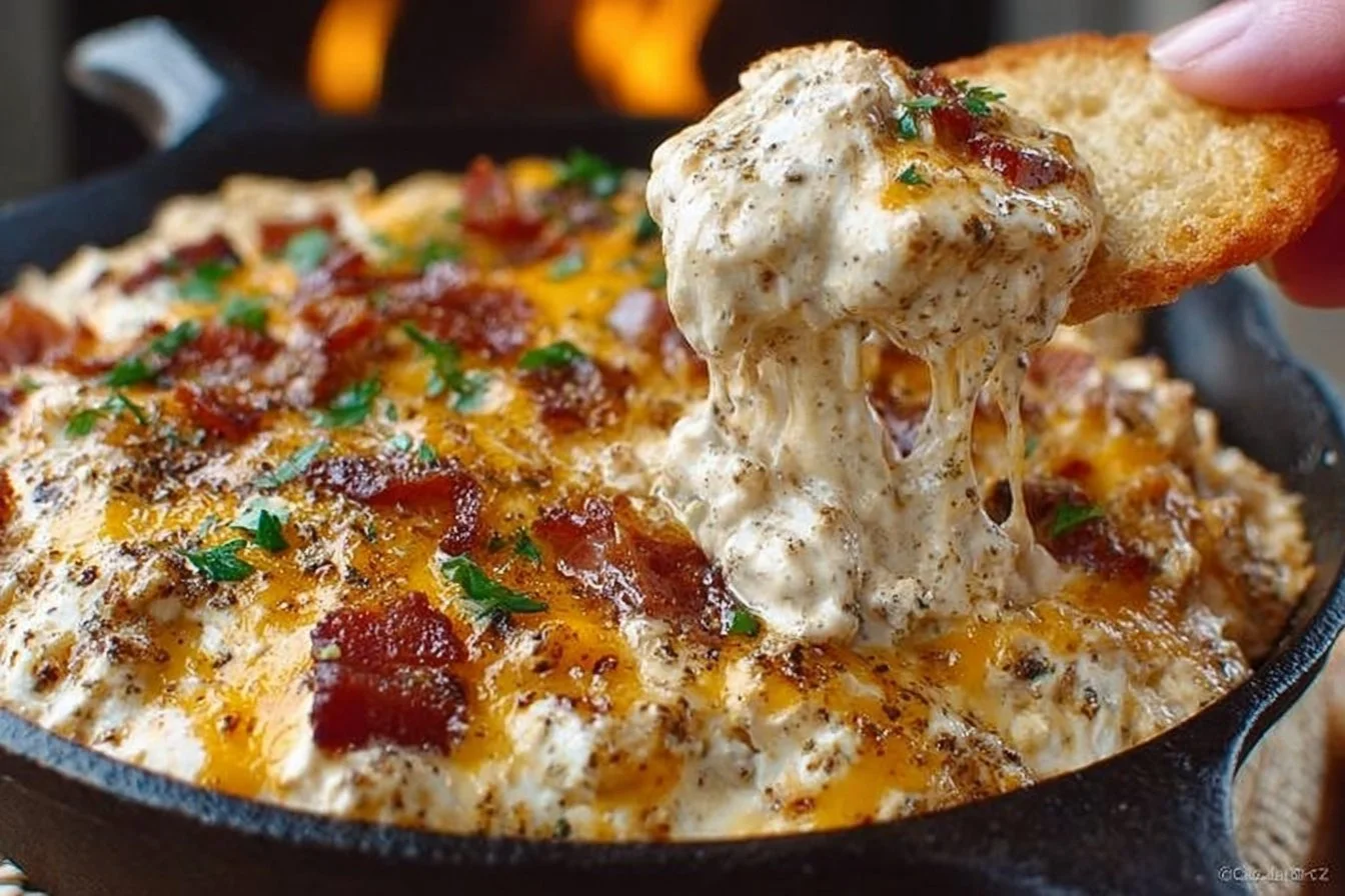 Delicious creamy bacon cheeseburger dip served in a bowl with crackers