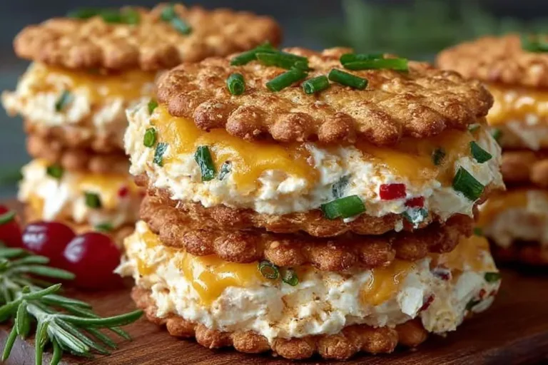 Creamy cheddar herb sandwiches made with Ritz crackers on a serving platter.