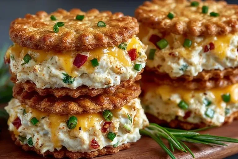 Creamy cheddar herb Ritz cracker sandwiches on a serving platter