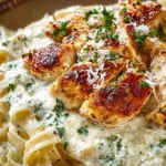 Creamy Chicken Fettuccine Alfredo dish served in a bowl with garnish