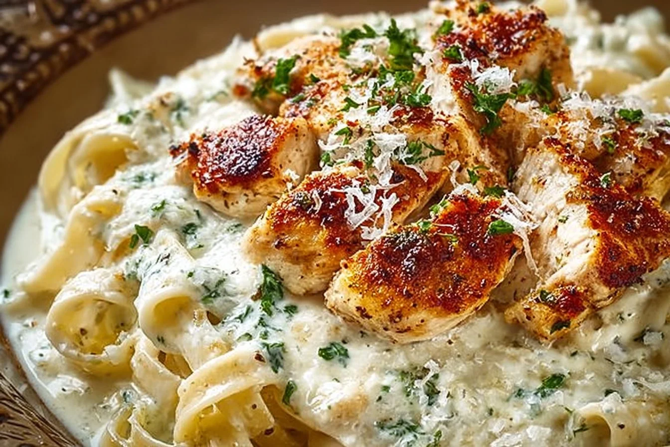 Creamy Chicken Fettuccine Alfredo dish served in a bowl with garnish