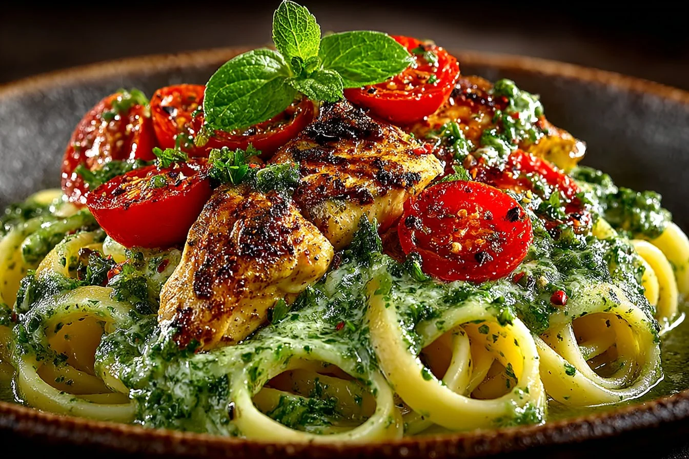 Creamy chicken pesto pasta dish served in a bowl with fresh basil garnish.