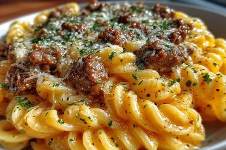 Creamy garlic butter pasta with ground beef topped with herbs