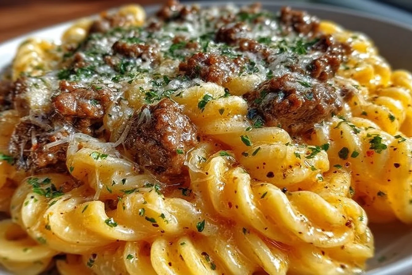 Creamy garlic butter pasta with ground beef topped with herbs