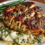 Creamy garlic parmesan chicken breast garnished with parsley and cheese